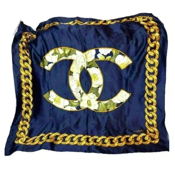 AUTHENTIC CHANEL SILK navy scarf logo chain camellia - Picture 1 of 11